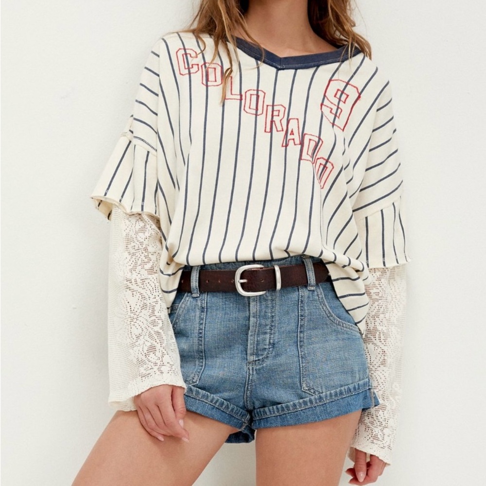 NWOT We The Free Navy and White Striped Lace Long Sleeve Top Size S